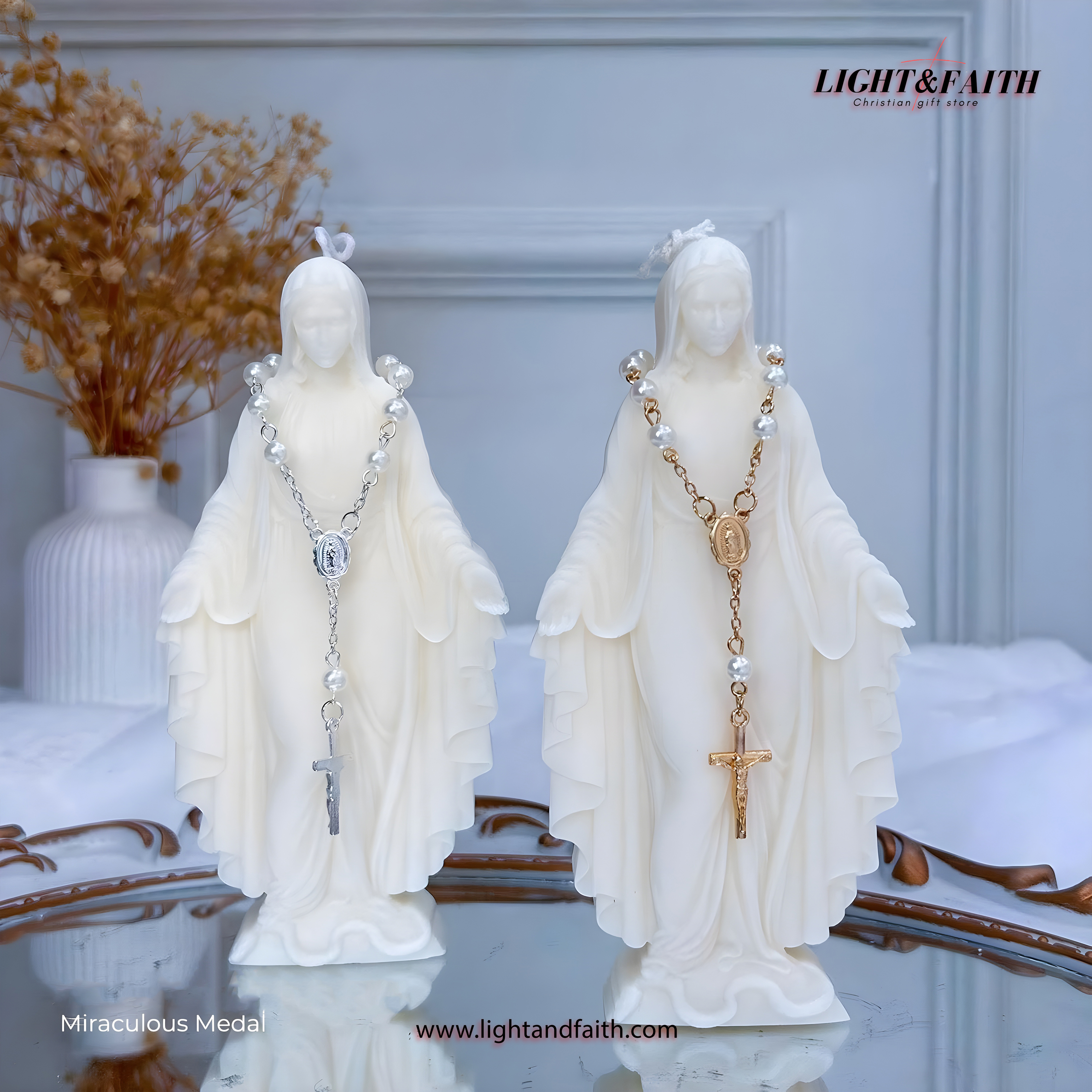 Virgin Mary Candle with Rosary, Our Lady of Grace Wax Statue, Miraculous Medal Catholic Gift, Prayer Room Decor CDLAF05